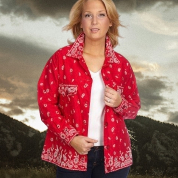 Quacker Factory QVC red bandana western Cowgirl embellished Jean jacket sz M - Picture 8 of 9